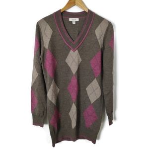 Faconnable Argyle Sweater Cashmere Wool Fine Knit Long Sleeve V-Neck Brown Small